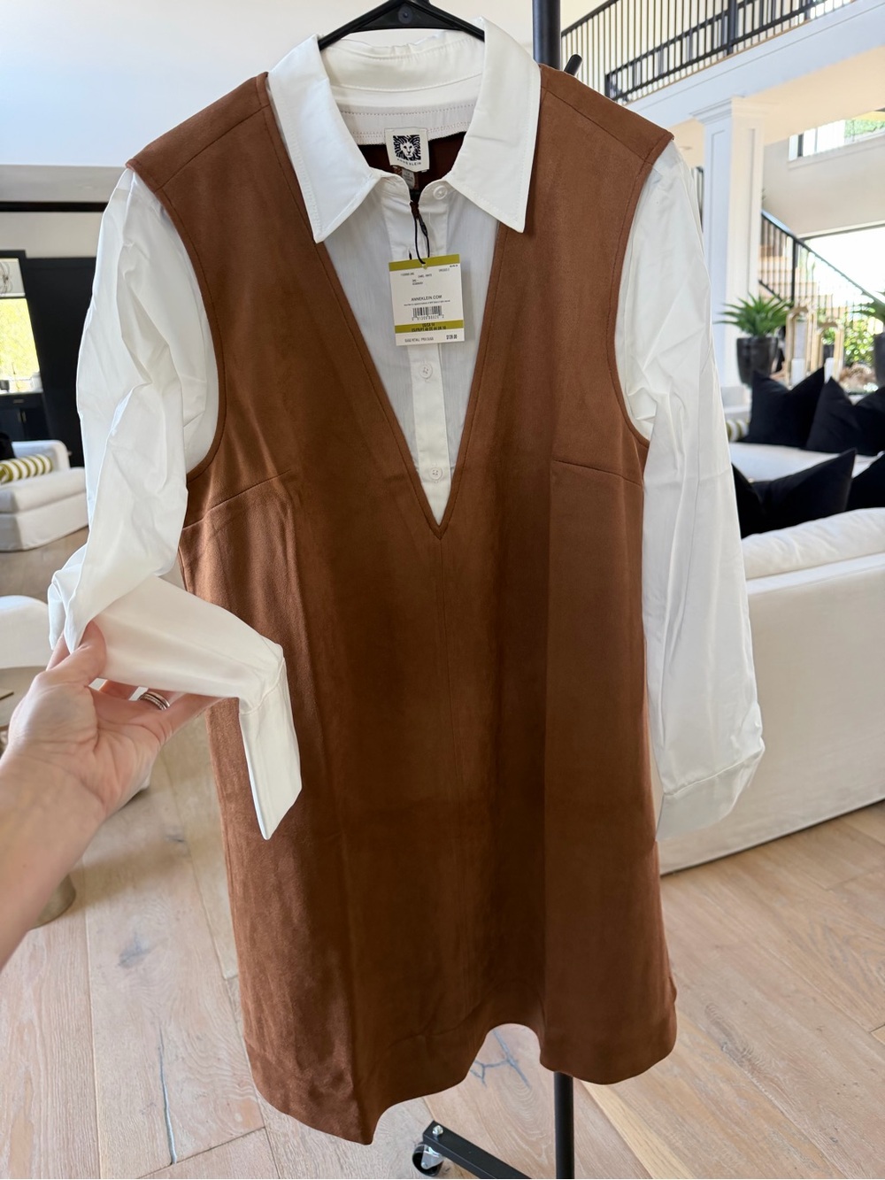 Anne Klein Brown Two-Fer V-Neck Layered Button-Down Dress
